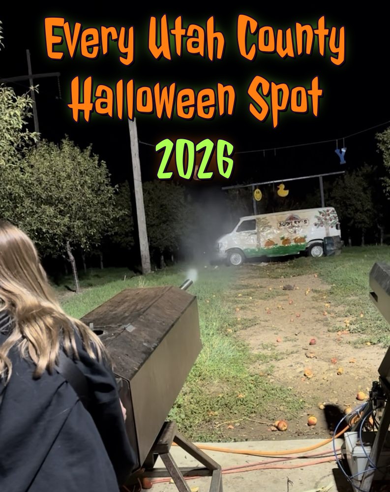 Every Utah County Halloween Spot 2026, apple cannon at Rowley's Red Barn at night