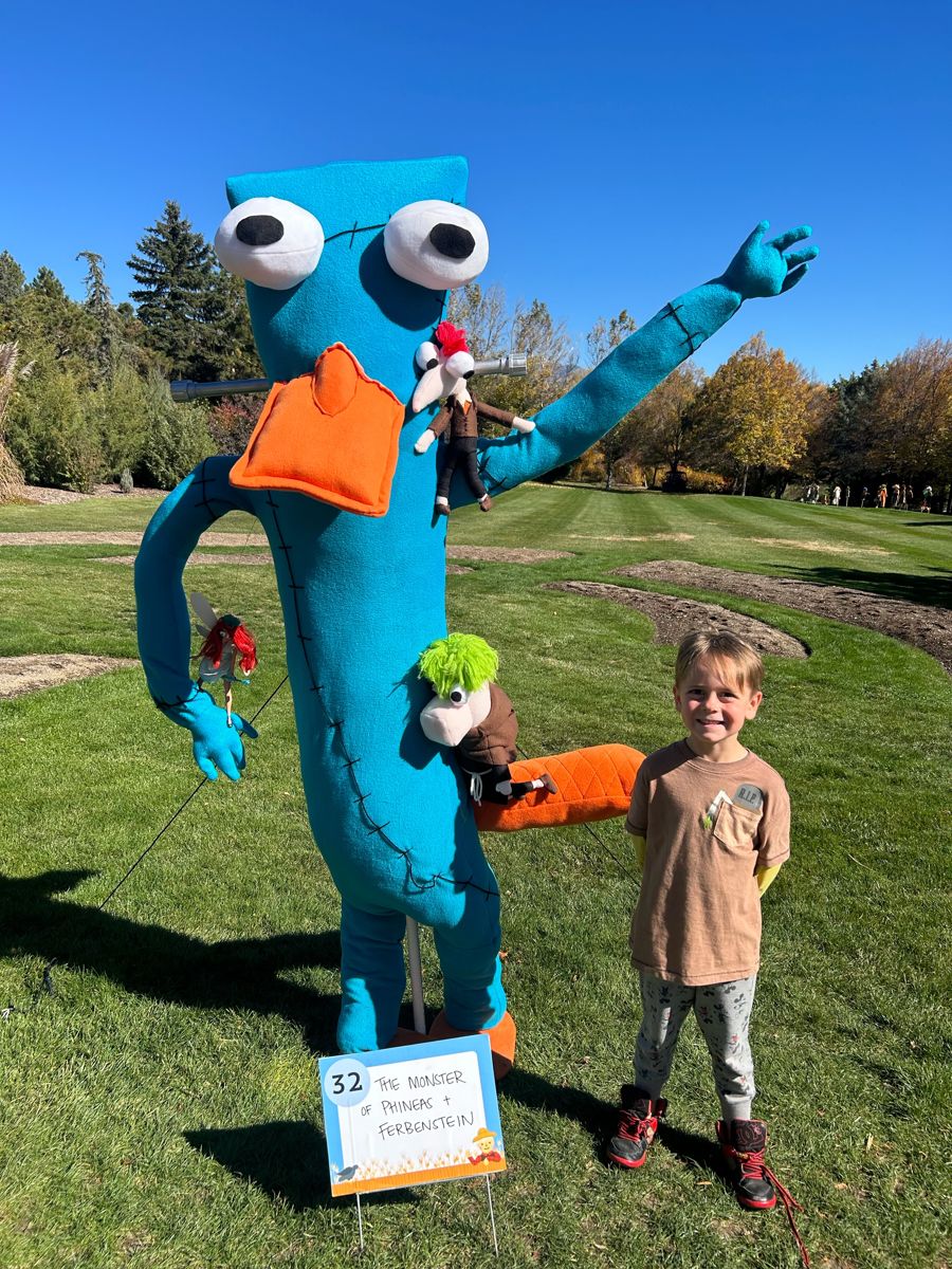 Maverick next to the Monster of Phineas and Ferbenstein scarecrow at Thanksgiving Point in Lehi.